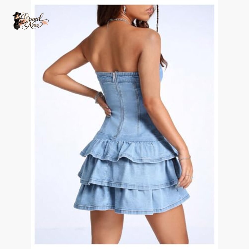 Strapless Denim Mini Dress with Layered Ruffles, Slim Fit Casual Summer - Picture 2 of 6